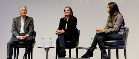 Dan Berce, Mary Barra and Dhivya Suryadevara participating a QA panel.